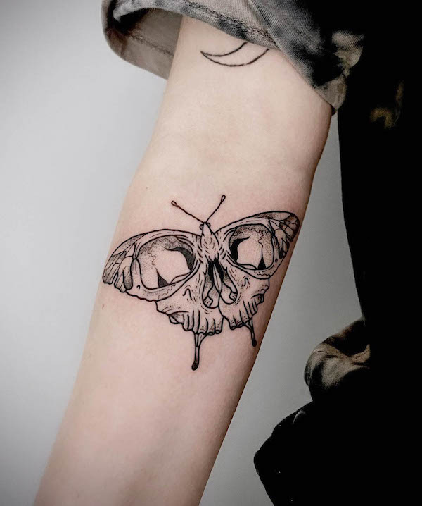 Moth skull tattoo by @savannahswoodcuts