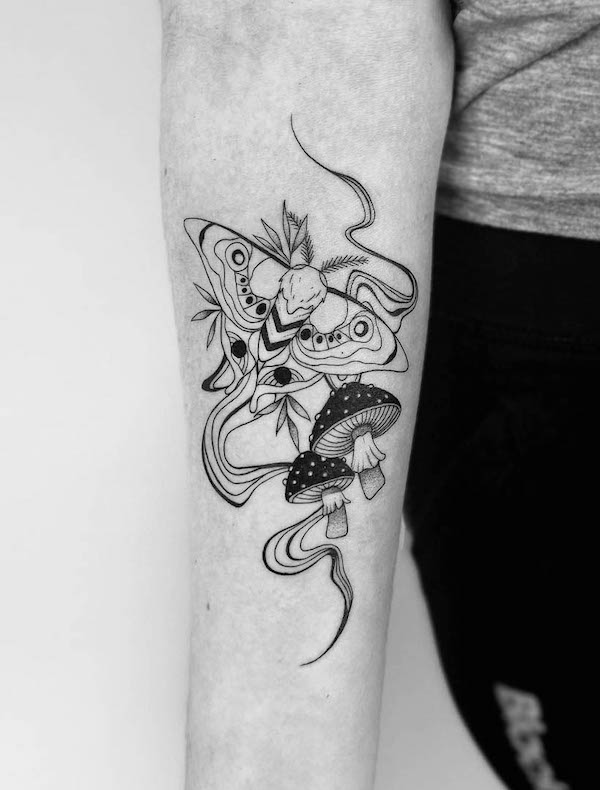 Creative moth and mushroom tattoo by @_tiffanynguyen