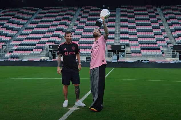 The 36-year-old Messi is filmed handing Maluma a trophy at the Miami DRV PNL Stadium