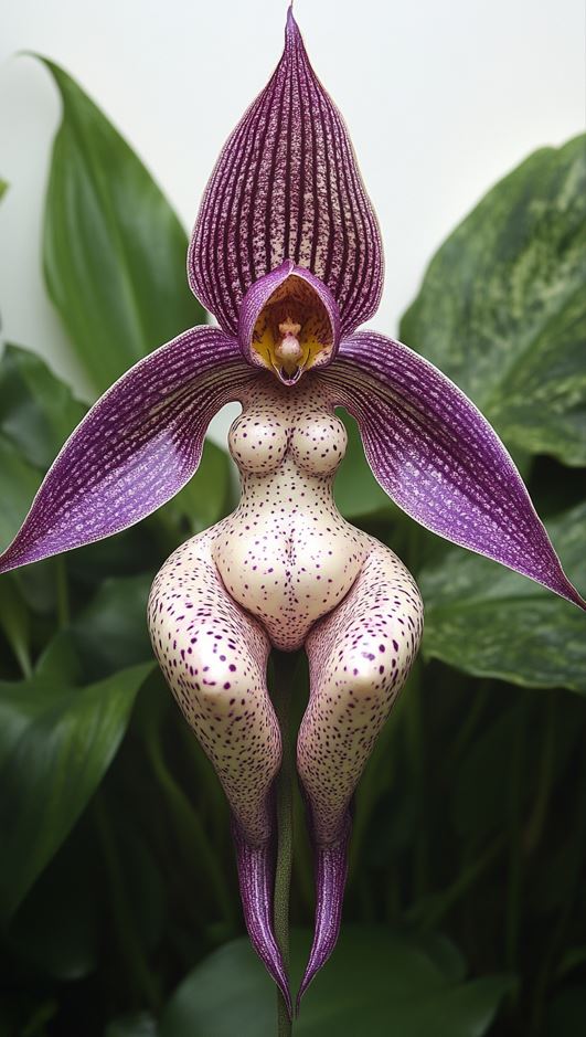 Exotic Tropical Orchid with a unique human-like body shape and speckled purple petals